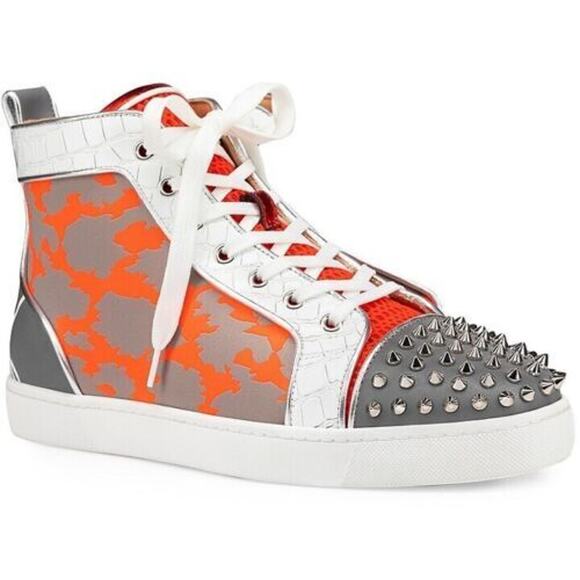 Christian Louboutin Men Fun Lou Spikes Flat Reflex Orange High Top Sneaker 46 13 - Picture 1 of 11